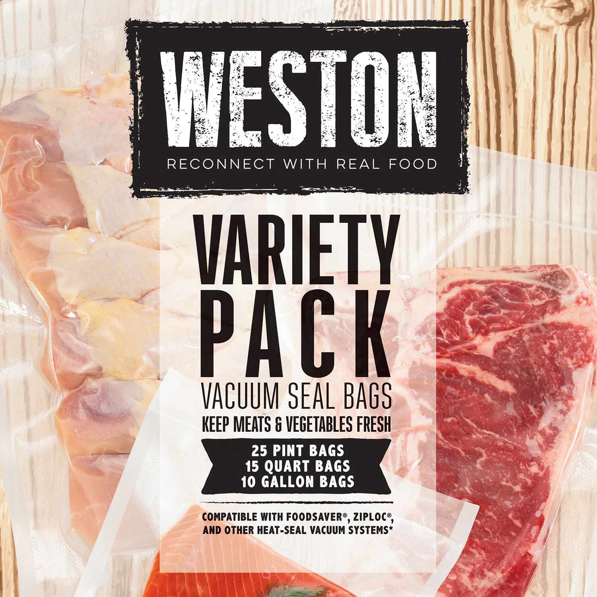 Weston Vacuum Sealer Bags, Variety Pack, 50 Pre-Cut Bags