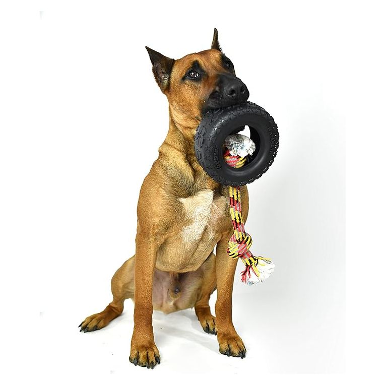 X-Large 7-Inch Tire Biter Dog Toy with Rope - Durable Rubber Chew