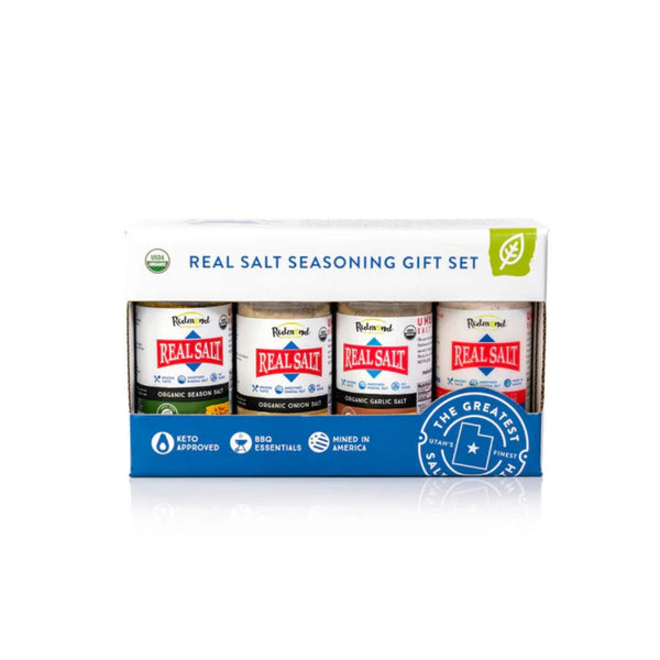 4oz Redmond Real Salt Seasoning Gift Set 4Pk - Organic Season Salt, Onion Salt, Garlic Salt, & Ancient Fine Sea Salt