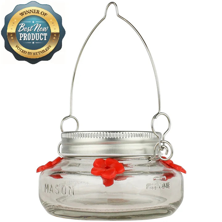 Nature's Way MJF1 Bird Feeder, Mason Jar, 6 oz, Nectar, 4-Port/Perch, Glass/Stainless Steel, 2-1/2 in H