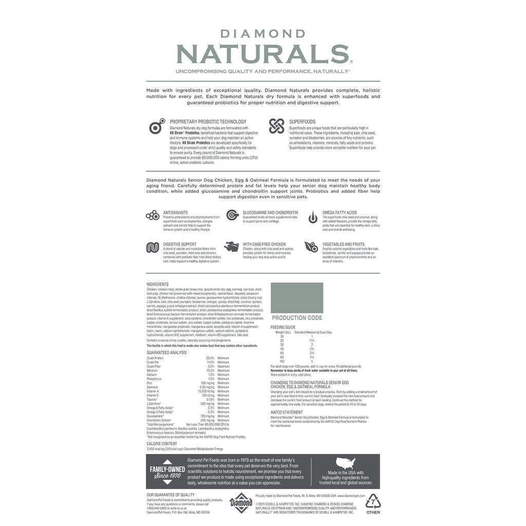 Diamond Naturals Senior Real Meat Recipe Natural Dry Dog Food With Real Cage Free Chicken, 18Lb